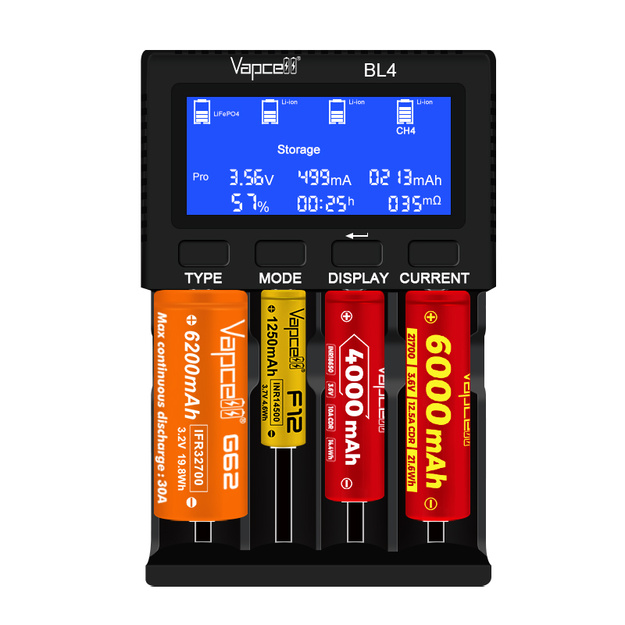 Vapcell BL4 universālais lādētājs ar 4 slotiem Li-ion, LiFePO4, NiMH un 1,5V Li-ion akumulatoriem