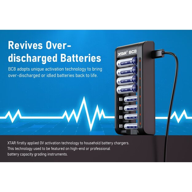 XTAR BC8 lādētājs 1,5 V litija jonu AA / AAA akumulatoriem