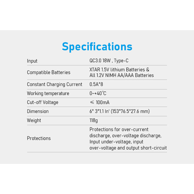 XTAR BC8 lādētājs 1,5 V litija jonu AA / AAA akumulatoriem