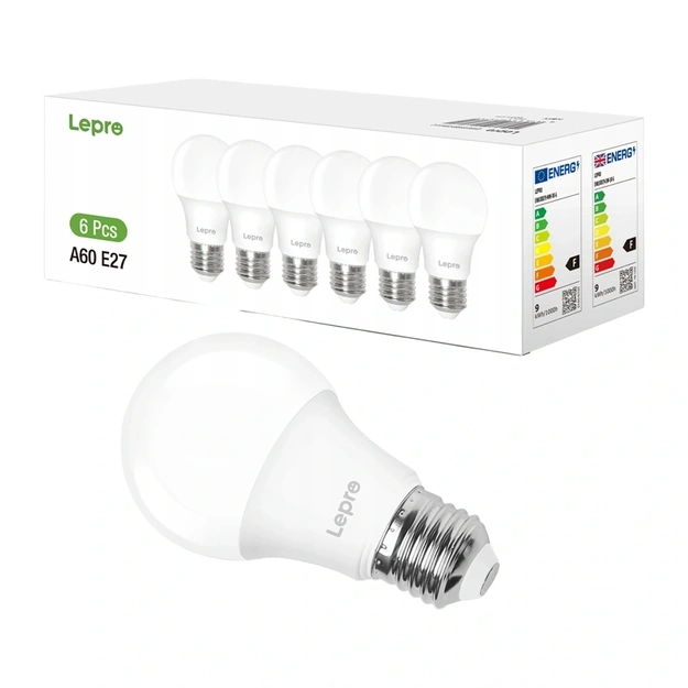 LEPRO 100090-DW-EU-6 LED Bulb, E27, A60, 8.5W (60W), 806 lm, 6500K (cool white), 180&deg;, 6-pack