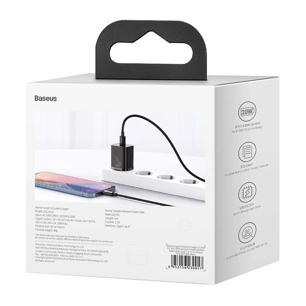 Baseus Super Si ātrais lādētājs 1C 20W ar USB-C Lightning 1 m (melns)