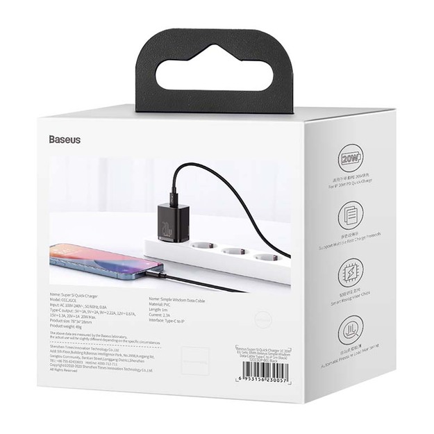 Baseus Super Si ātrais lādētājs 1C 20W ar USB-C Lightning 1 m (melns)
