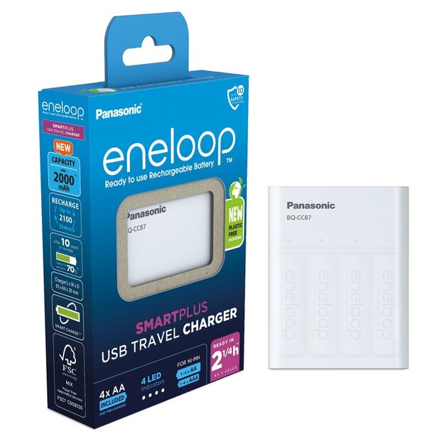 Panasonic Eneloop BQ-CC87 lādētājs / ārējais akumulators + 4 x R6/AA Eneloop 2000mAh Ni-MH BK-3MCDE