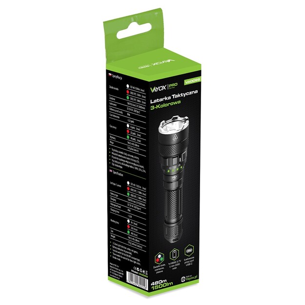 Vayox Pro Series 3 krāsu SST40 taktiskais lukturis 1500lm VA0099