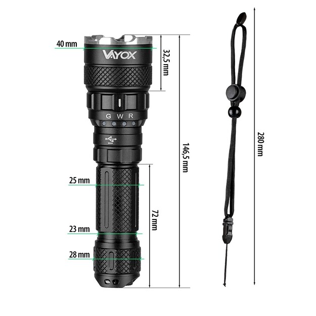 Vayox Pro Series 3 krāsu SST40 taktiskais lukturis 1500lm VA0099