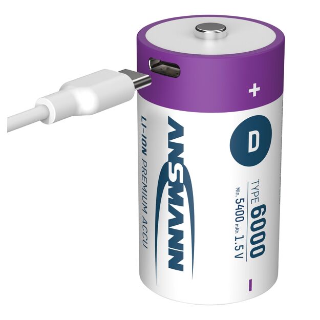 ANSMANN Uzlādējamas baterijas D 1.5V 6000mAh (Li-Ion 12Wh) ar USB-C ligzdu, 2 gab. iepakojumā 