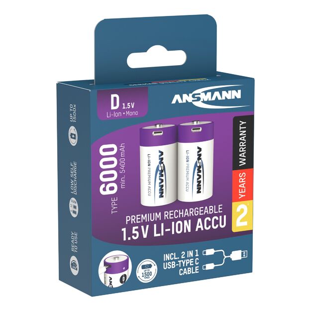 ANSMANN Uzlādējamas baterijas D 1.5V 6000mAh (Li-Ion 12Wh) ar USB-C ligzdu, 2 gab. iepakojumā 