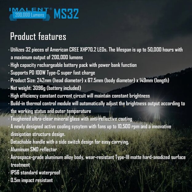 Imalent MS32 200000lm, 1618m flashlight