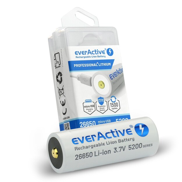 everActive 26650 3.7V Li-ion 5200mAh micro USB akumulators ar aizsardzību