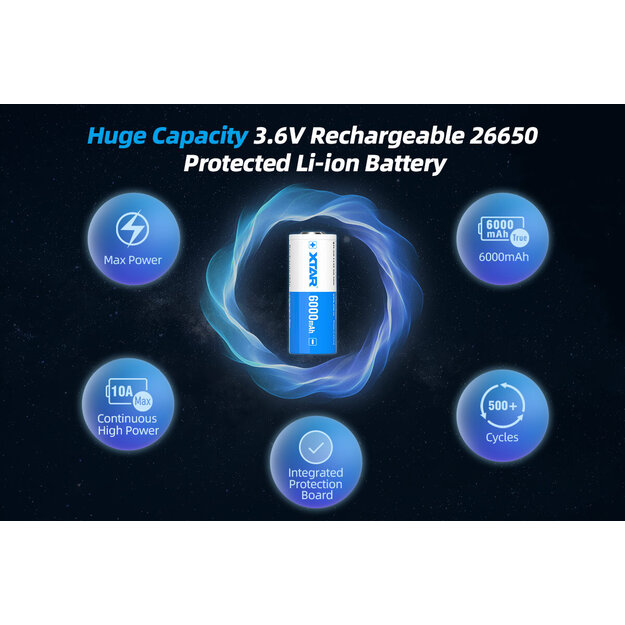 XTAR 26650 6000mAh akumulators
