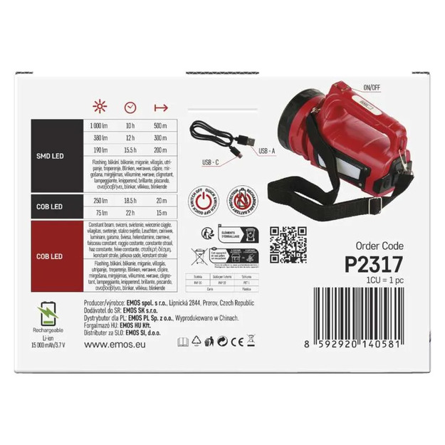 Uzlādējams LED lukturītis EMOS 1000lm 15000mAh, P2317