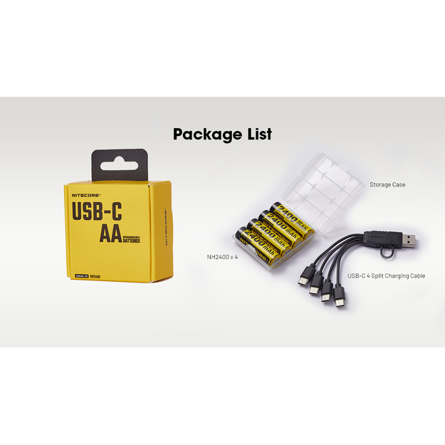 Nitecore Li-ion akumulators, 1,5 V, USB-C, 2400 mAh, 4 gab. NH2400