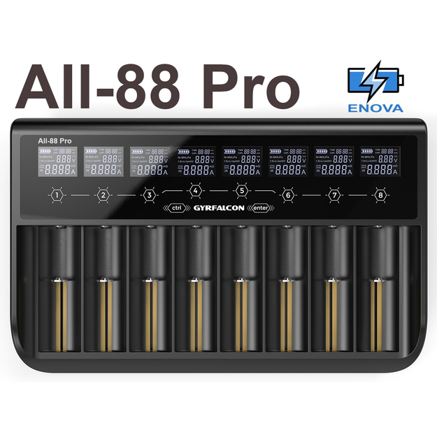 Gyrfalcon All-88 Pro &ndash; 8 slotu litija jonu 1,5 V  3,6&ndash;3,7 V LiFePO4 3,2 V un NiMH akumulatora lādētājs