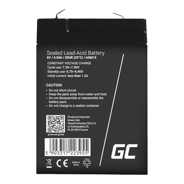 AGM VRLA Green Cell AGM15 6V 4Ah akumulators (signalizācijai, kases aparātiem, rotaļlietām)