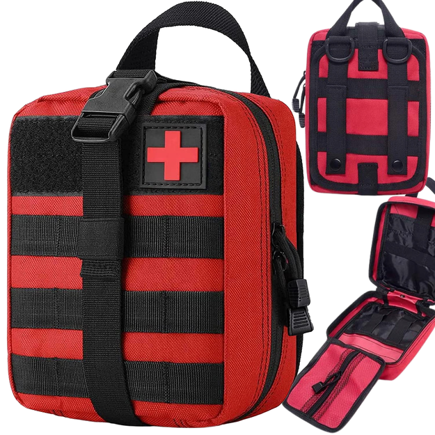 Taktiskā pirmās palīdzības aptieciņas soma ar MOLLE sistēmu, stiprināma pie jostas, sarkana