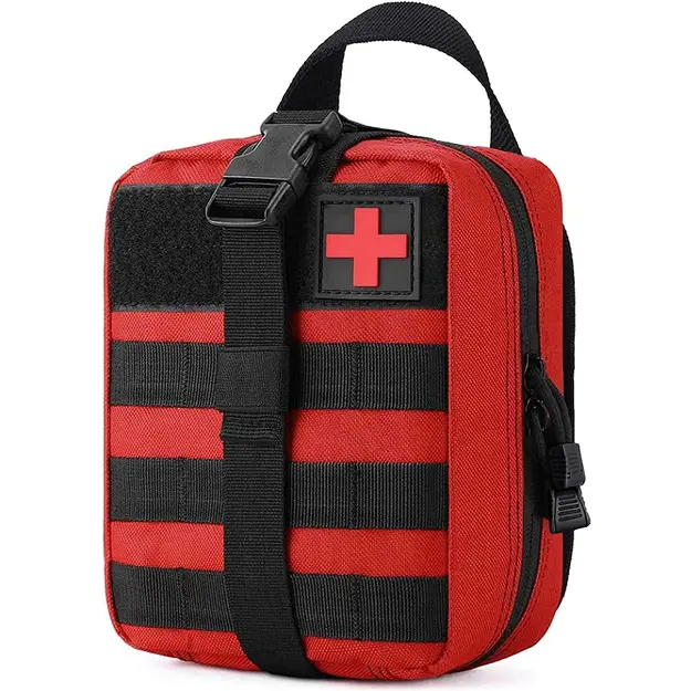 Taktiskā pirmās palīdzības aptieciņas soma ar MOLLE sistēmu, stiprināma pie jostas, sarkana