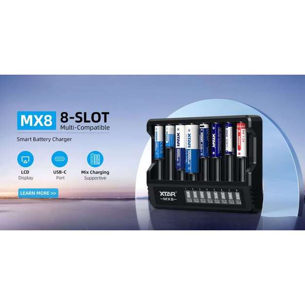 Xtar MX8 &ndash; универсальное зарядное устройство для литий-ионных аккумуляторов 1,5 В  3,6-3,7 В и никель-металлгидридных аккумуляторов 1,2 В.