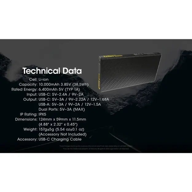 Nitecore CARBO 10000 īpa&scaron;i viegls ārējais akumulators (Power Bank)