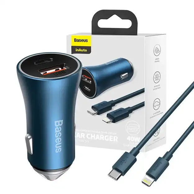 Auto lādētājs Baseus Golden Contactor Pro, USB + USB-C, QC4.0+, PD, SCP, 40 W (zils) + USB-C - Lightning kabelis, 1 m (zils)