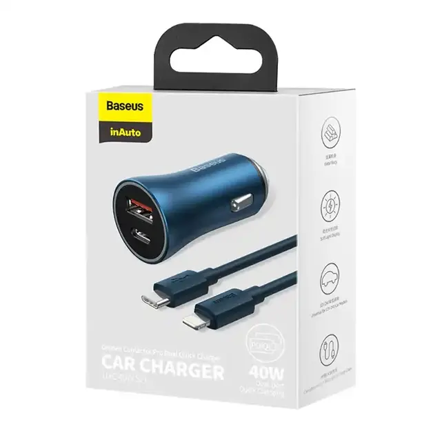 Auto lādētājs Baseus Golden Contactor Pro, USB + USB-C, QC4.0+, PD, SCP, 40 W (zils) + USB-C - Lightning kabelis, 1 m (zils)