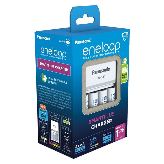 Panasonic Eneloop BQ-CC55 lādētājs + 4 x R6/AA Eneloop 2000mAh BK-3MCDE