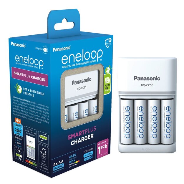Panasonic Eneloop BQ-CC55 lādētājs + 4 x R6/AA Eneloop 2000mAh BK-3MCDE