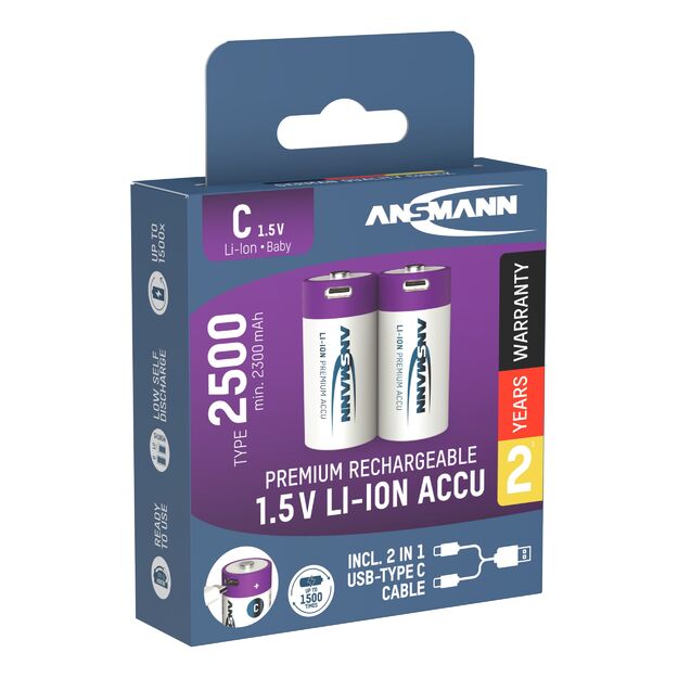 ANSMANN Uzlādējamas baterijas C 1.5V 2500mAh (Li-Ion 4.07Wh) ar USB-C ligzdu, 2gab iepakojumā