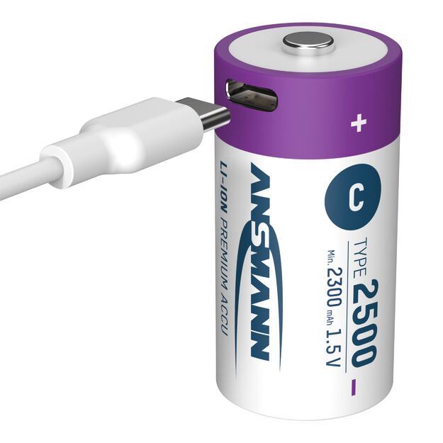ANSMANN Uzlādējamas baterijas C 1.5V 2500mAh (Li-Ion 4.07Wh) ar USB-C ligzdu, 2gab iepakojumā