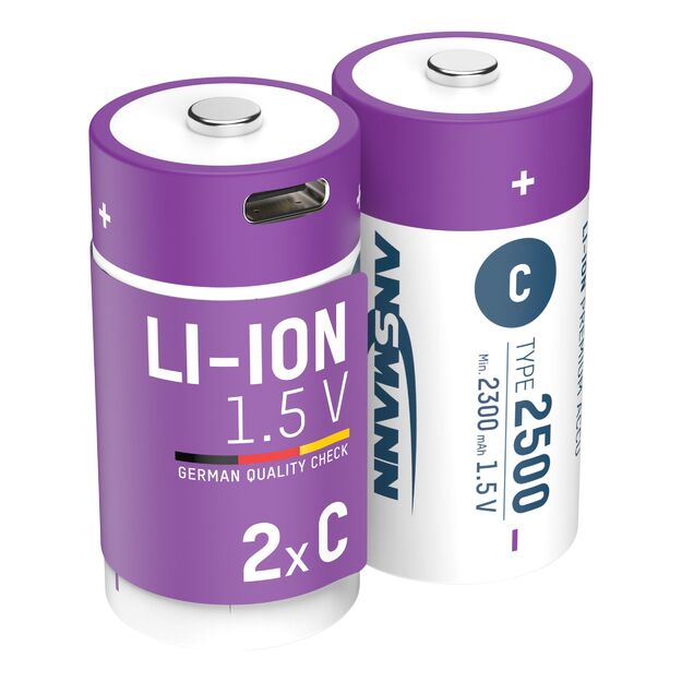 ANSMANN Uzlādējamas baterijas C 1.5V 2500mAh (Li-Ion 4.07Wh) ar USB-C ligzdu, 2gab iepakojumā