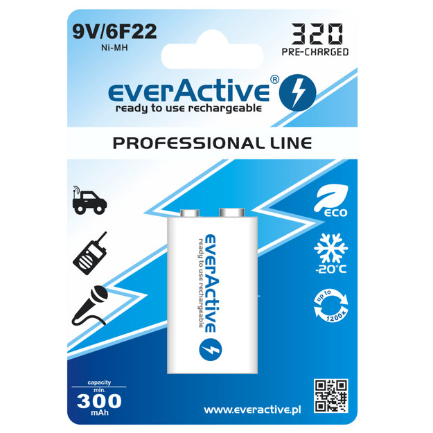 9V 320mAh крона перезаряжаемый аккумулятор everActive Professional Ready to Use , 1 шт. 