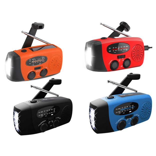 Radio uztvērējs ar dinamo, saules bateriju un lukturīti