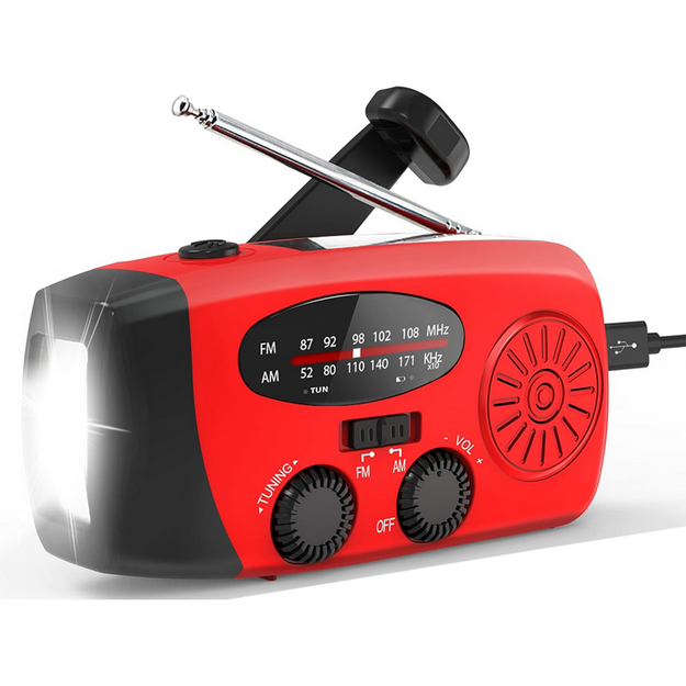 Radio uztvērējs ar dinamo, saules bateriju un lukturīti