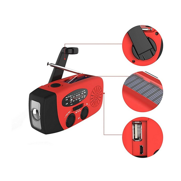 Radio uztvērējs ar dinamo, saules bateriju un lukturīti