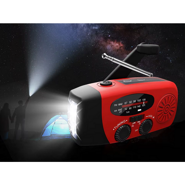 Radio uztvērējs ar dinamo, saules bateriju un lukturīti