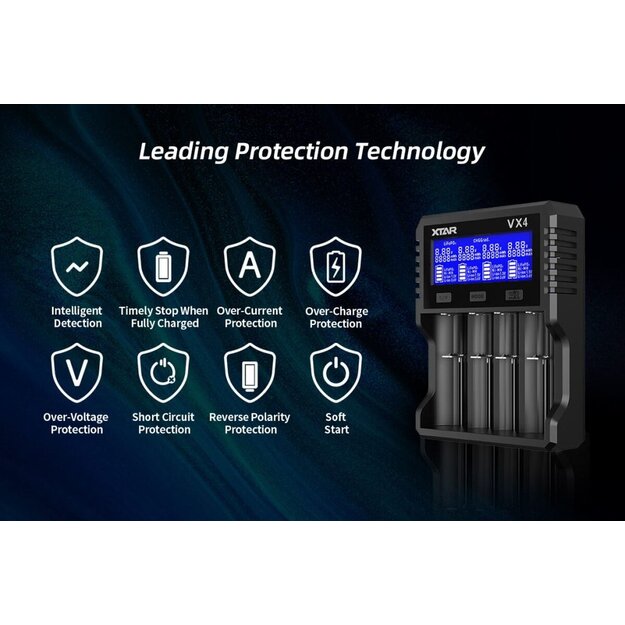 XTAR VX4 Li-ion 1,5 V / 3,6 V / 3,7 V / Li-FePO4 / Ni-MH akumulatora lādētājs komplektā ar baro&scaron;anas avotu