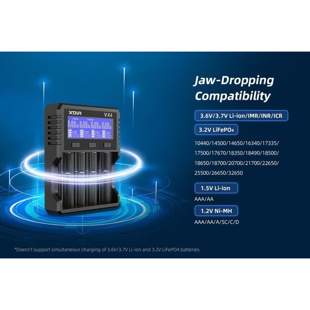 XTAR VX4 Li-ion 1,5 V / 3,6 V / 3,7 V / Li-FePO4 / Ni-MH akumulatora lādētājs komplektā ar baro&scaron;anas avotu