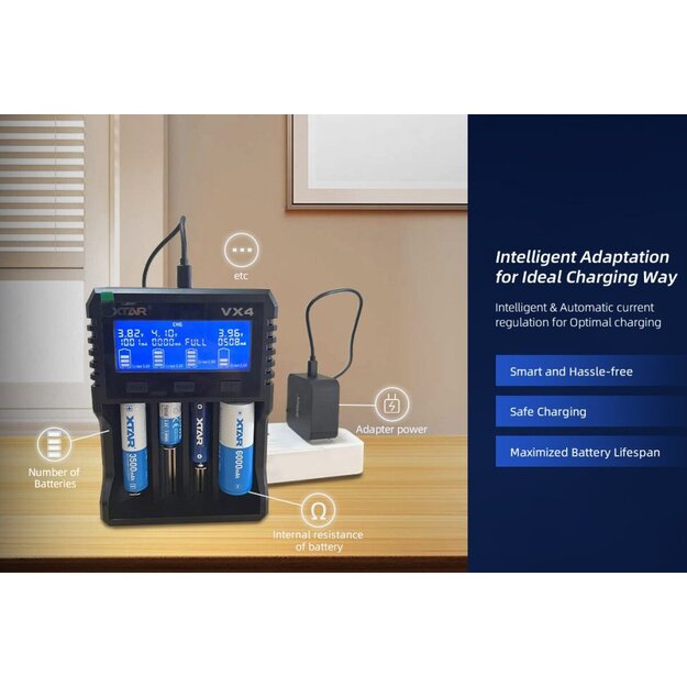 XTAR VX4 Li-ion 1,5 V / 3,6 V / 3,7 V / Li-FePO4 / Ni-MH akumulatora lādētājs komplektā ar baro&scaron;anas avotu