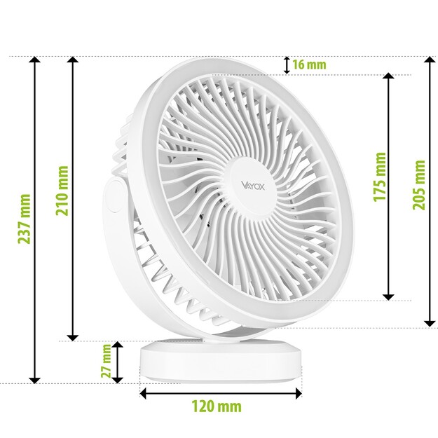 Vayox uzlādējamais ventilators ar apgaismojumu VA0338W Balts