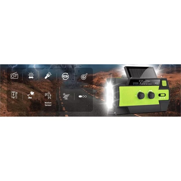 Radio uztvērējs ar rokas ģeneratoru un saules bateriju