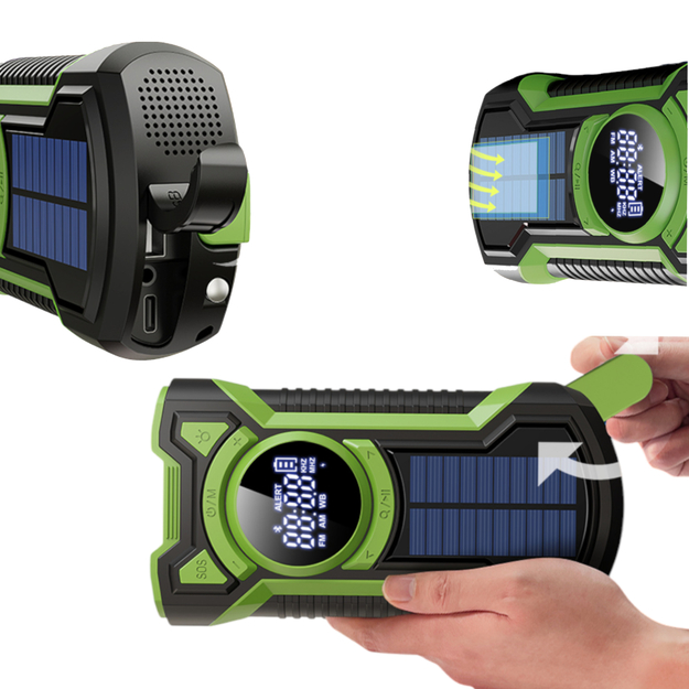 Avārijas radio ar dinamoma&scaron;īnu, lukturi, saules bateriju, 5000mAh jaudu