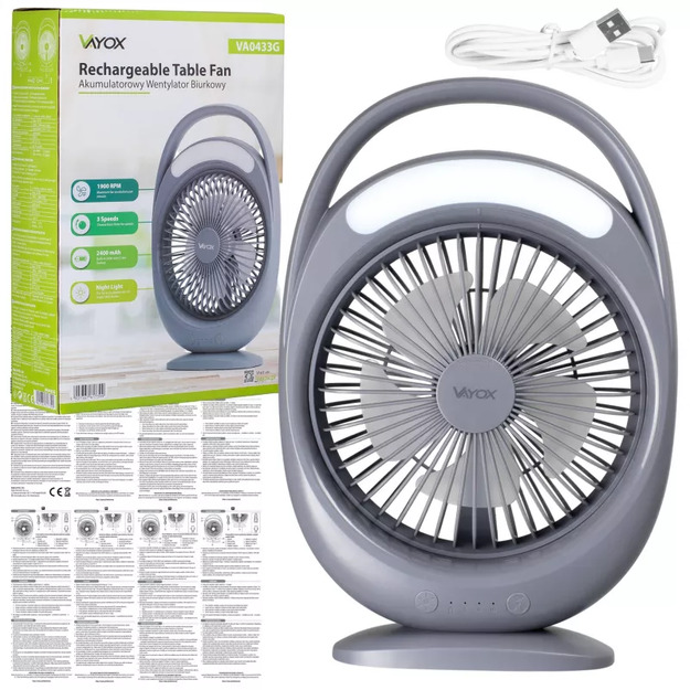 Vayox galda ventilators ar akumulatoru un 6 SMD LED lampām (WD-285), pelēks VA0433G