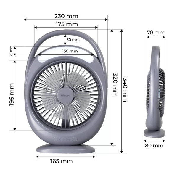 Vayox galda ventilators ar akumulatoru un 6 SMD LED lampām (WD-285), pelēks VA0433G