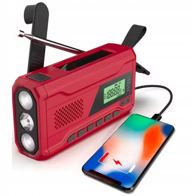 Pārnēsājamais avārijas radio ar &bdquo;Powerbank&ldquo; funkciju, lukturi un dinamo