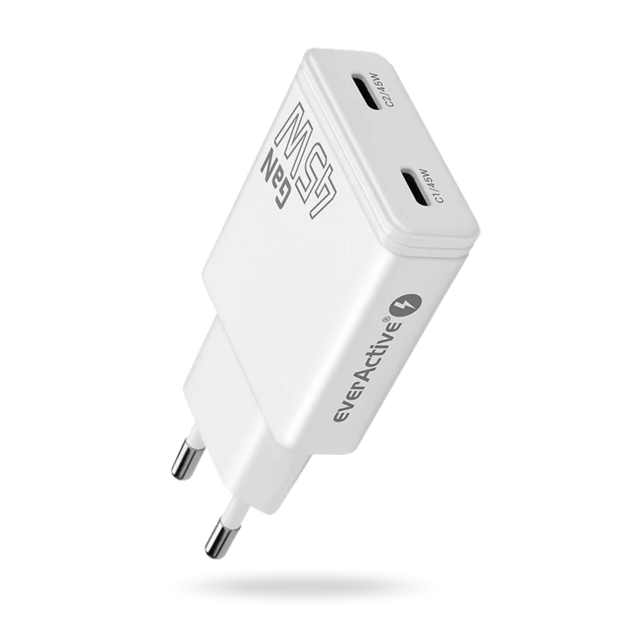 everActive GaN SUPER SLIM SC-465Q sienas lādētājs ar diviem USB-C PD 45W portiem