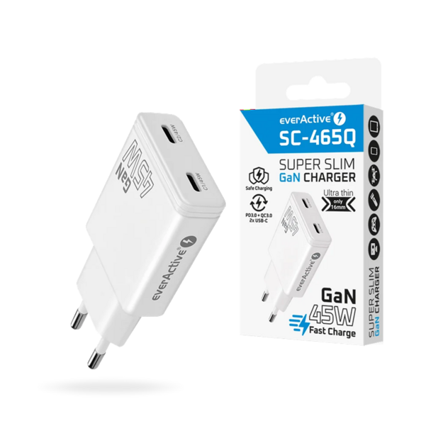 everActive GaN SUPER SLIM SC-465Q sienas lādētājs ar diviem USB-C PD 45W portiem