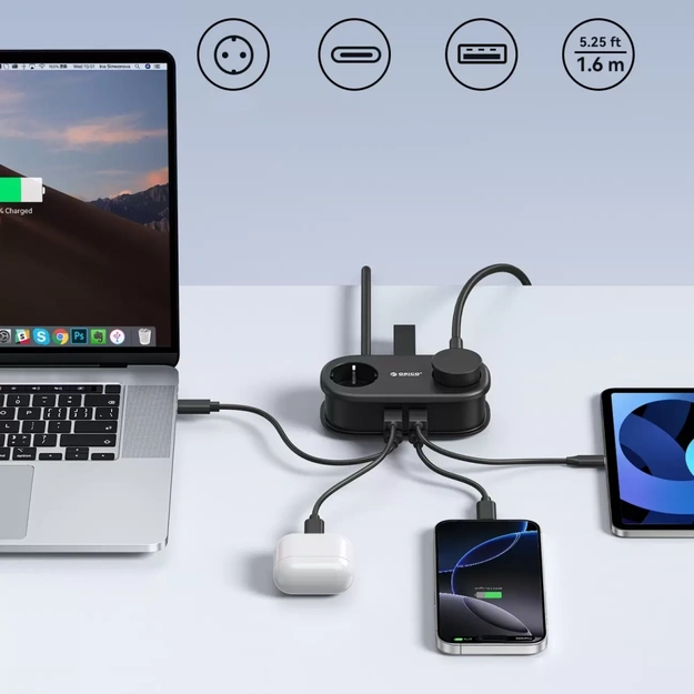 Orico AP3 65W GaN 6in1 Power Strip 2x AC + 2x USB-A + 2x USB-C - Black