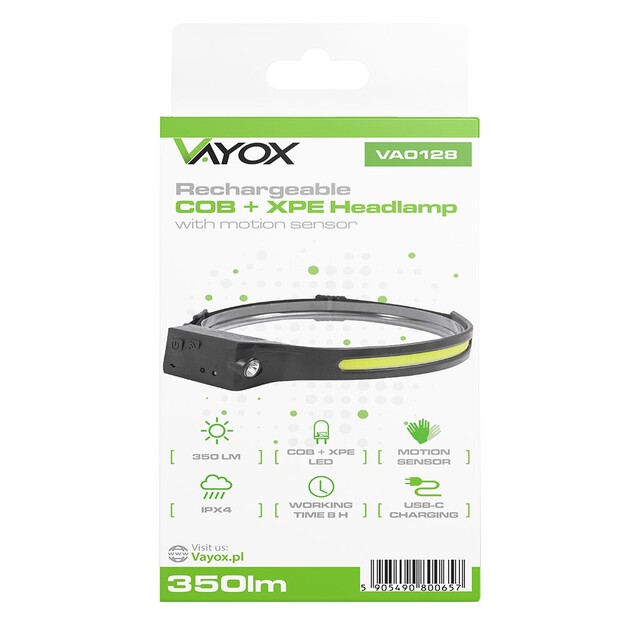 Vayox COB + XPE uzlādējams galvas lukturītis 350lm ar kustības sensoru VA0128