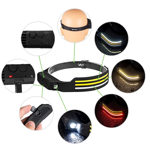 Vayox galvas lukturītis 3x COB + XPE LED VA0130