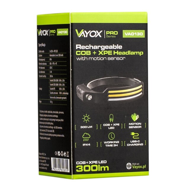 Vayox galvas lukturītis 3x COB + XPE LED VA0130