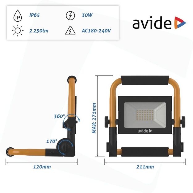 Avide LED prožektors 30W 220V kabelis 1,5m